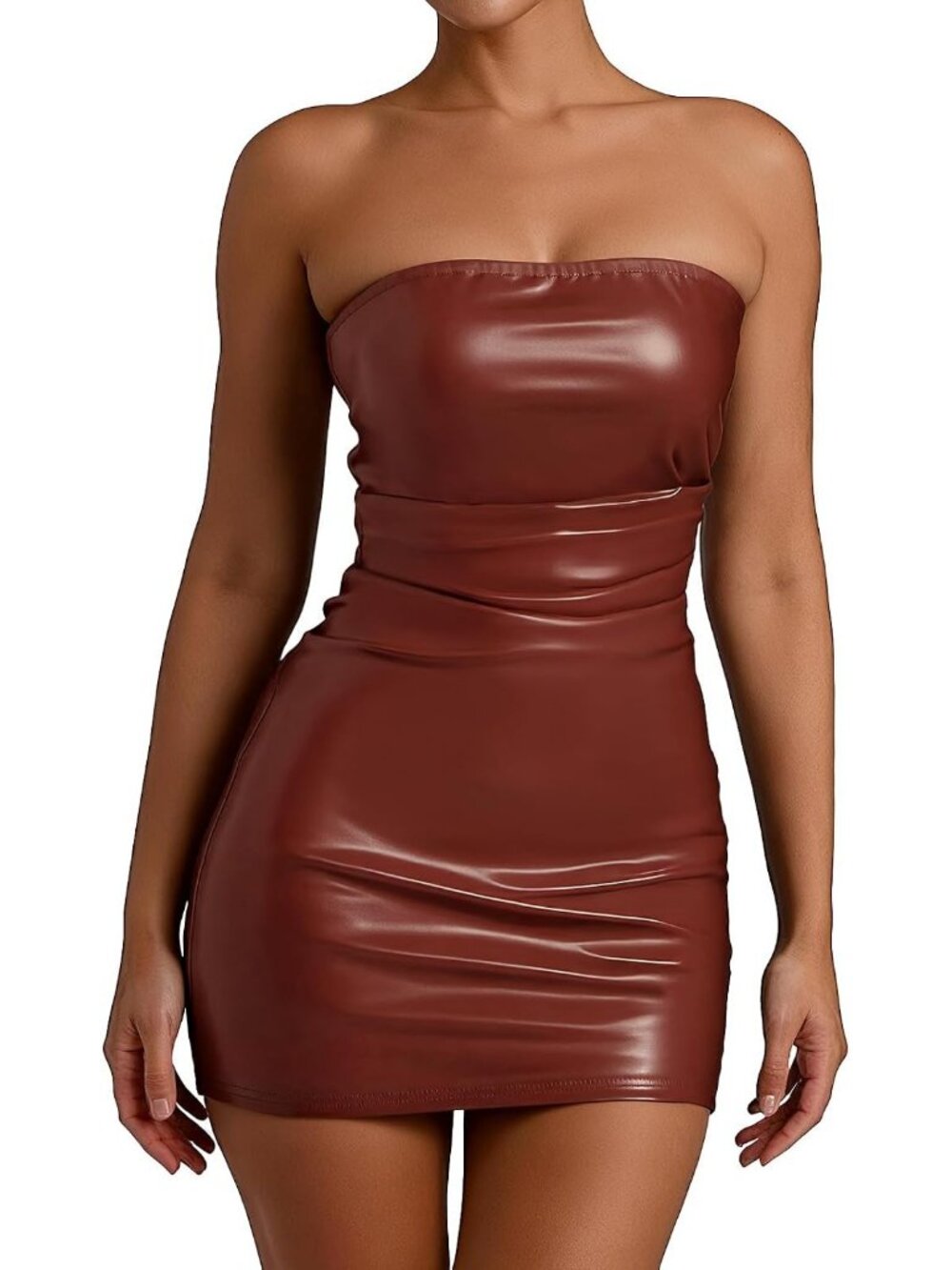 Women's Coffee Faux Leather Sleeveless Ruched Bodycon Split MIDI Dress